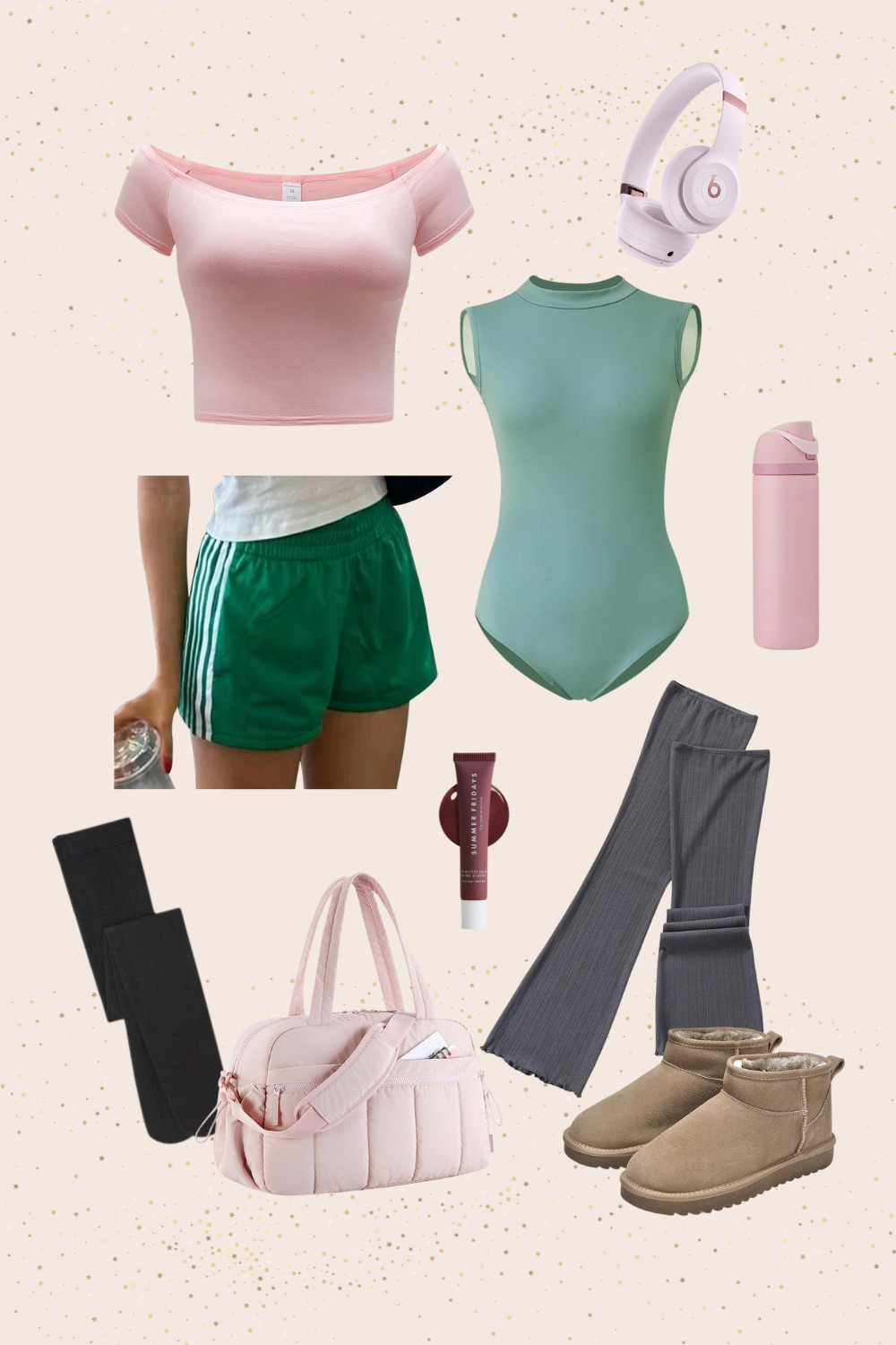 ballet class outfit inspo from Amazon ✨

This sporty-soft edit includes:
• Fitted bodysuits
• Pink cropped tee
• Green athletic shorts
• Ribbed leg warmers
• Mini UGG boots look-alikes
• Quilted gym bag
• Pink water bottle
• Beats headphones
• Minimal everyday makeup

It’s giving:
✨ Off-duty model
✨ Soft sporty energy

Neutral tones with subtle color pops make this easy to mix and repeat.

Shop everything on my LTK.

#PilatesOutfit #ThatGirlAesthetic #GymOutfitInspo #AmazonActivewear #SportyChic #StudioStyle #ModelOffDuty #AmazonFinds 

 #LTKfitnessgoals #LTKActive #LTKSaleAlert