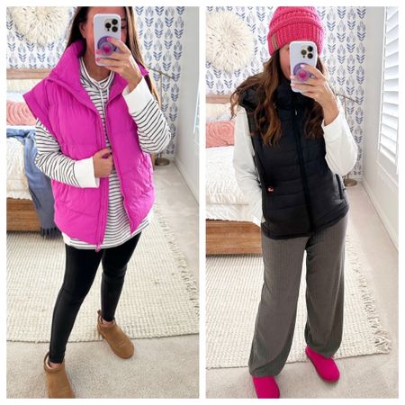 Left:
Vest is a Lululemon look for less. Very oversized. I am wearing a small. Lots of color options!
Striped tunic is a medium and so cute! 
Boots are an ugg look for less from Amazon. TTS
Right:
LOVE this heated vest. Heated by a rechargeable battery with 3 settings. Size down so it fits tight on your body to keep you warm.
Pants are my favorite lounge pants. They run big. Wearing a small. 
.


#LTKfindsunder50 #LTKover40 #LTKSeasonal