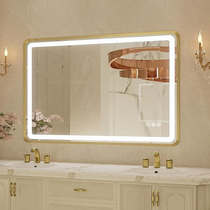 24x36 Inch LED Bathroom Mirror with Gold Metal Frame, Front and Backlit Vanity Mirror, Stepless D... | Amazon (US)