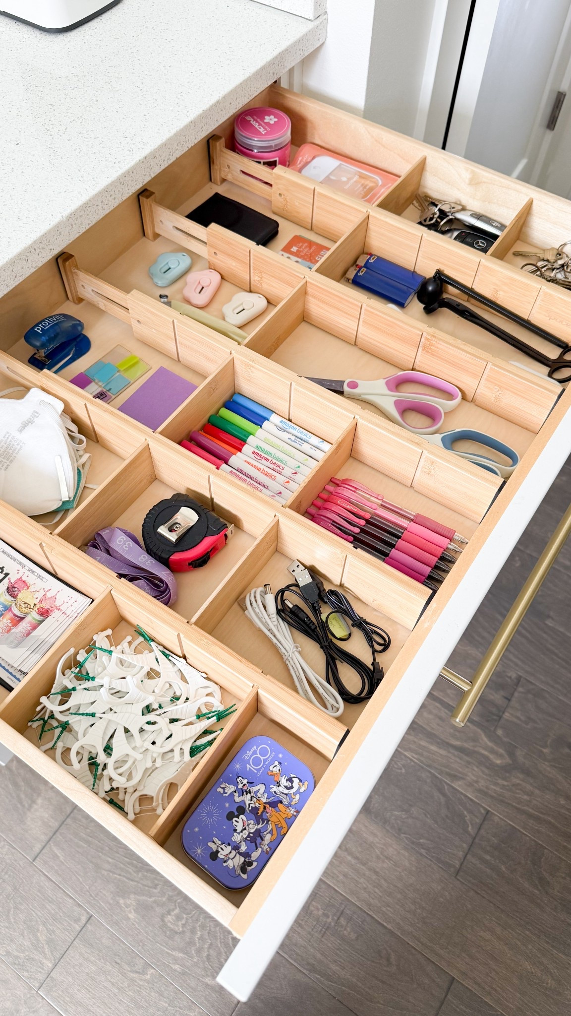 Junk drawer organization! 

Bamboo drawer dividers, sanitizer, markers, floss picks, box cutter, pilot pens, pruning shears

#LTKSummerEdit #LTKHome #LTKFindsUnder50