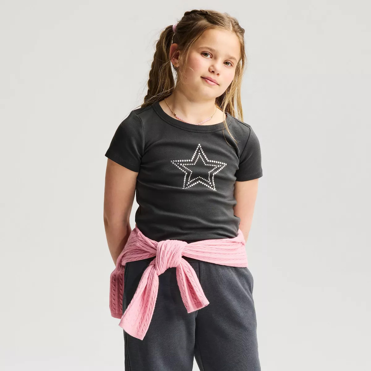 Girls' Short Sleeve Fitted Studded 'Star' Graphic T-Shirt - Cat & Jack\u2122 Charcoal Gray S | Target