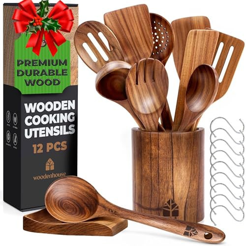 Wooden Spoons for Cooking – Wooden Cooking Utensils Set with Holder, Spoon Rest & Hooks, Teak Wood Nonstick Kitchen Cookware – Durable Set of 12pcs by Woodenhouse - Unique Kitchen Gifts for Women Men | Amazon (US)