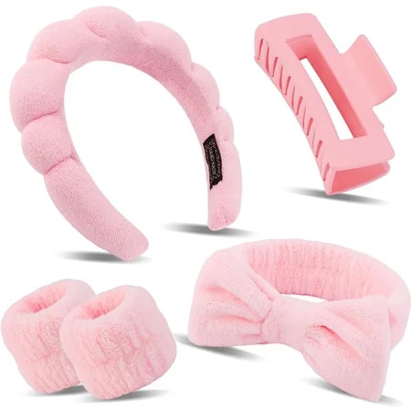 Spa Headband Wristband Set with Hair Clips – Puffy Makeup Headband for Women, Face Washing, Facial Mask, Shower Accessories, Gifts for Teen Girls | Walmart (US)