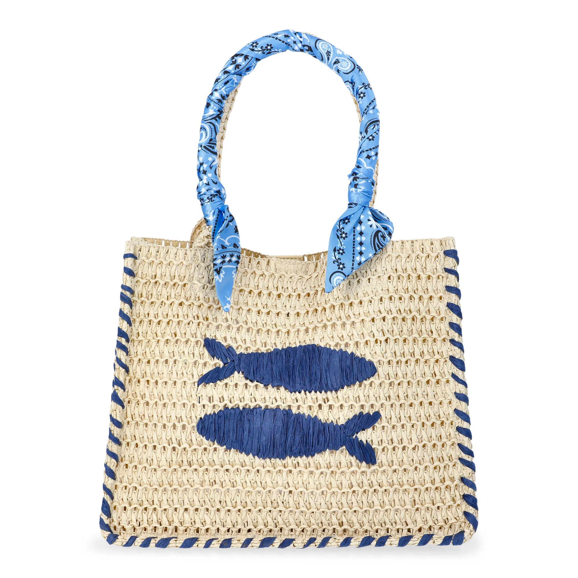 No Boundaries Women's Beach Icons Mini Straw Tote Bag, Light Natural with Fish Embroidery | Walmart (US)