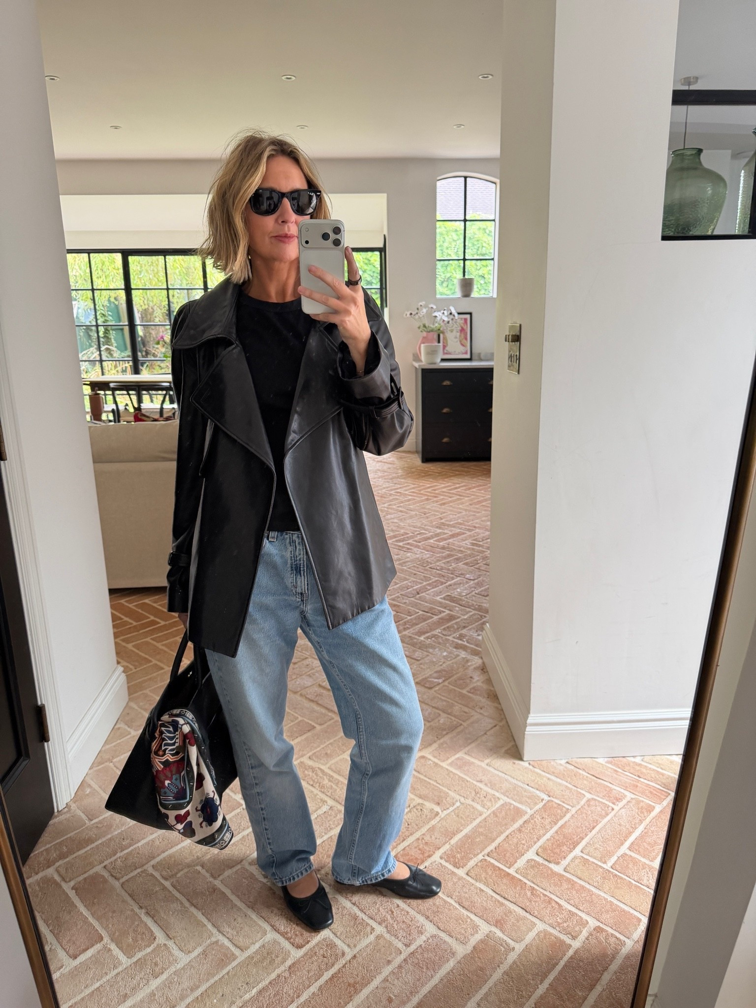 Leather jacket season 🖤

black leather jacket, faux leather trench jacket, black crew neck top, light wash jeans, straight leg jeans, black ballet flats, black leather bag, printed scarf detail, black square sunglasses, casual chic outfit, off duty style, autumn transitional dressing, elevated basics, quiet luxury, monochrome styling, mirror selfie ootd, ltkstyletip, ltkseasonal, ltkfindsunder100, ltkitbag

#LTKFashionMonth #LTKbag #LTKluxury