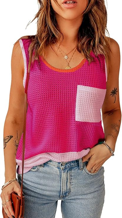 Dokotoo Womens Tank Tops Summer Waffle Knit Casual Crewneck Sleeveless Color Block Blouses Tops w... | Amazon (US)