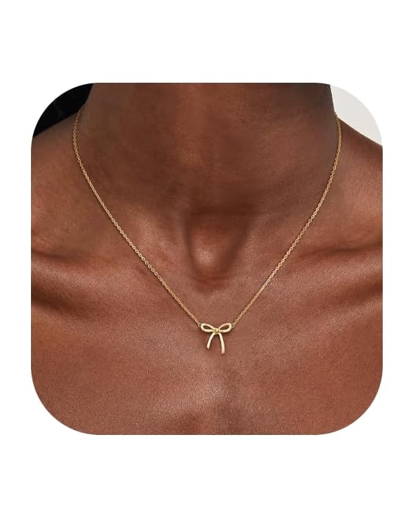 Gold Necklace for Women - Bow Necklace 14K Dainty Gold Necklace Cute Small Tiny Bow Pendant Choke... | Amazon (US)