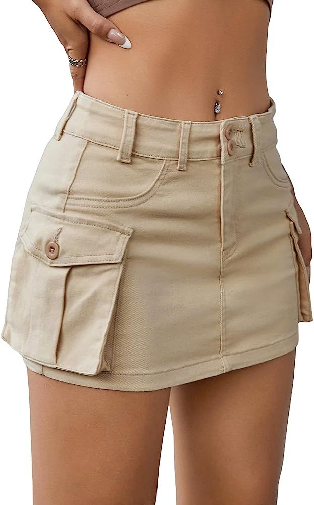 WDIRARA Women's Low Waist Button Bodycon Mini Cargo Denim Skirt with Pocket | Amazon (US)