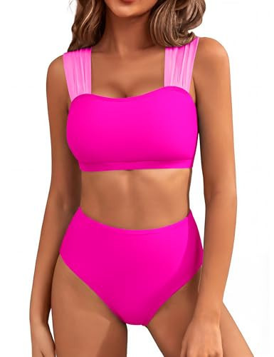 Blooming Jelly Womens High Waisted Bikini Sets Ruched Cheeky Tummy Control Bathing Suit Shapewear Swimming Suits (M, Hot Pink) | Amazon (US)