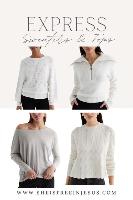 Express sweaters and tops, white sweater, neutral outfit, fall fashion, winter fashion, open stitch sweater, quarter zip collar sweater, off the shoulder long sleeve top

#LTKstyletip #LTKfindsunder50 #LTKSeasonal
