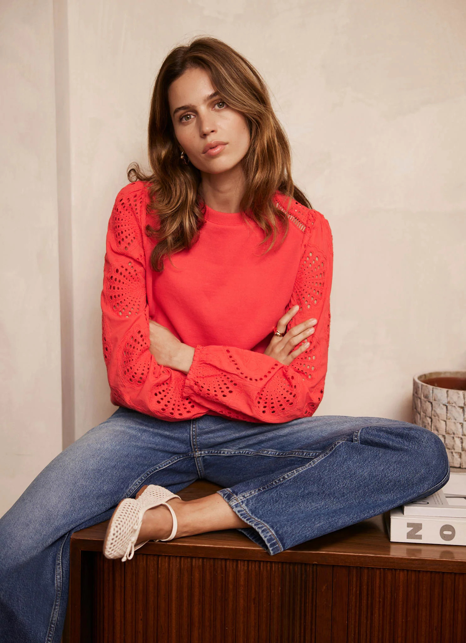 Red Broderie Anglaise Detail Sweatshirt | Mint Velvet