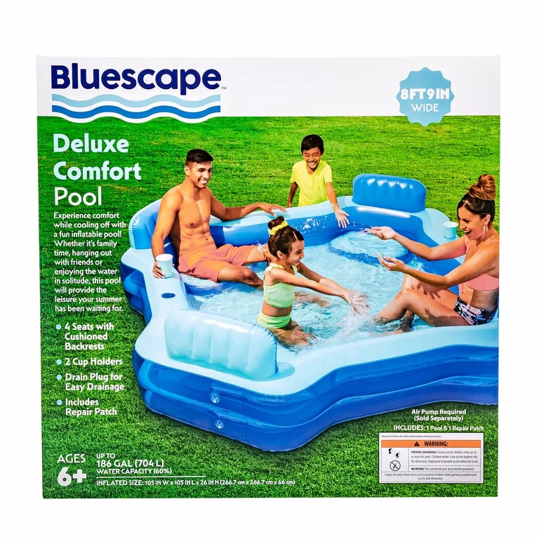 Bluescape Blue Deluxe Comfort Inflatable Family Swimming Pool, 4 Seats, Square, Age 6 & up | Walmart (US)