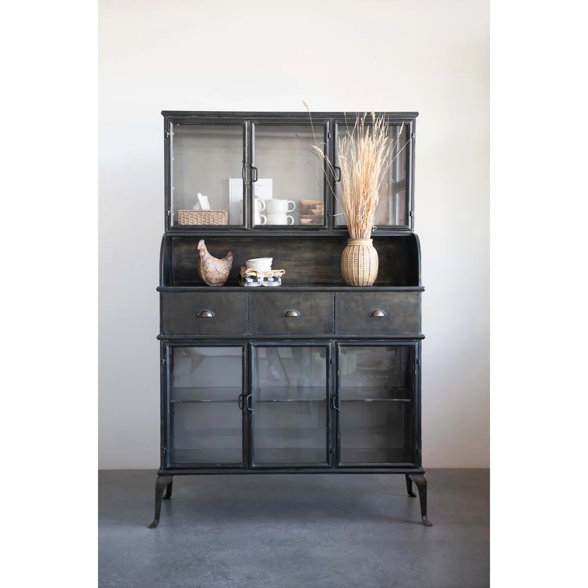 Camila Antique Metal Cabinet with 6 Glass Doors, 3 Drawers, and Shelf, Antique Black | Wayfair North America