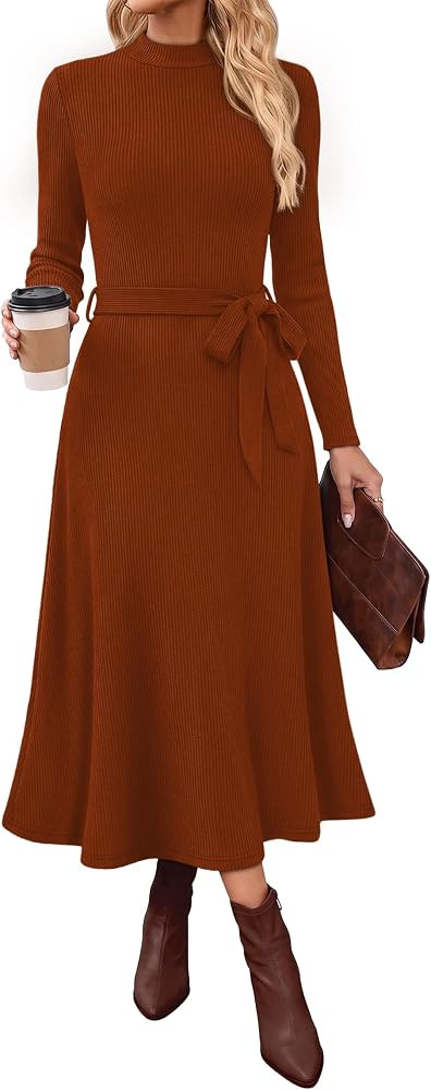 OFEEFAN Long Sleeve Dress Mock Neck Tie Waist Ribbed Knit Midi Dresses Fall Outfits | Amazon (US)