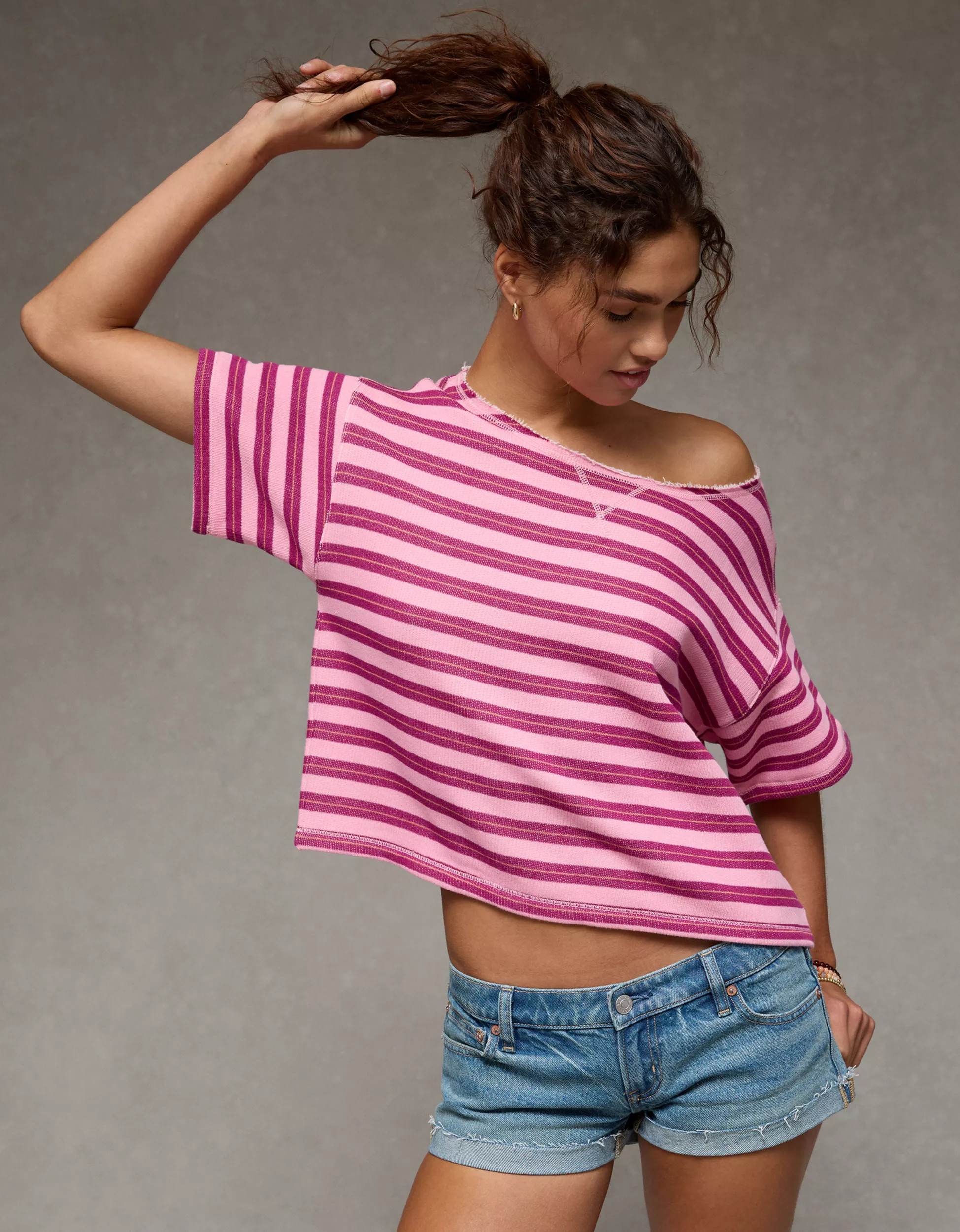 AE Off-the-Shoulder Short-Sleeve Sweatshirt | American Eagle Outfitters (US & CA)