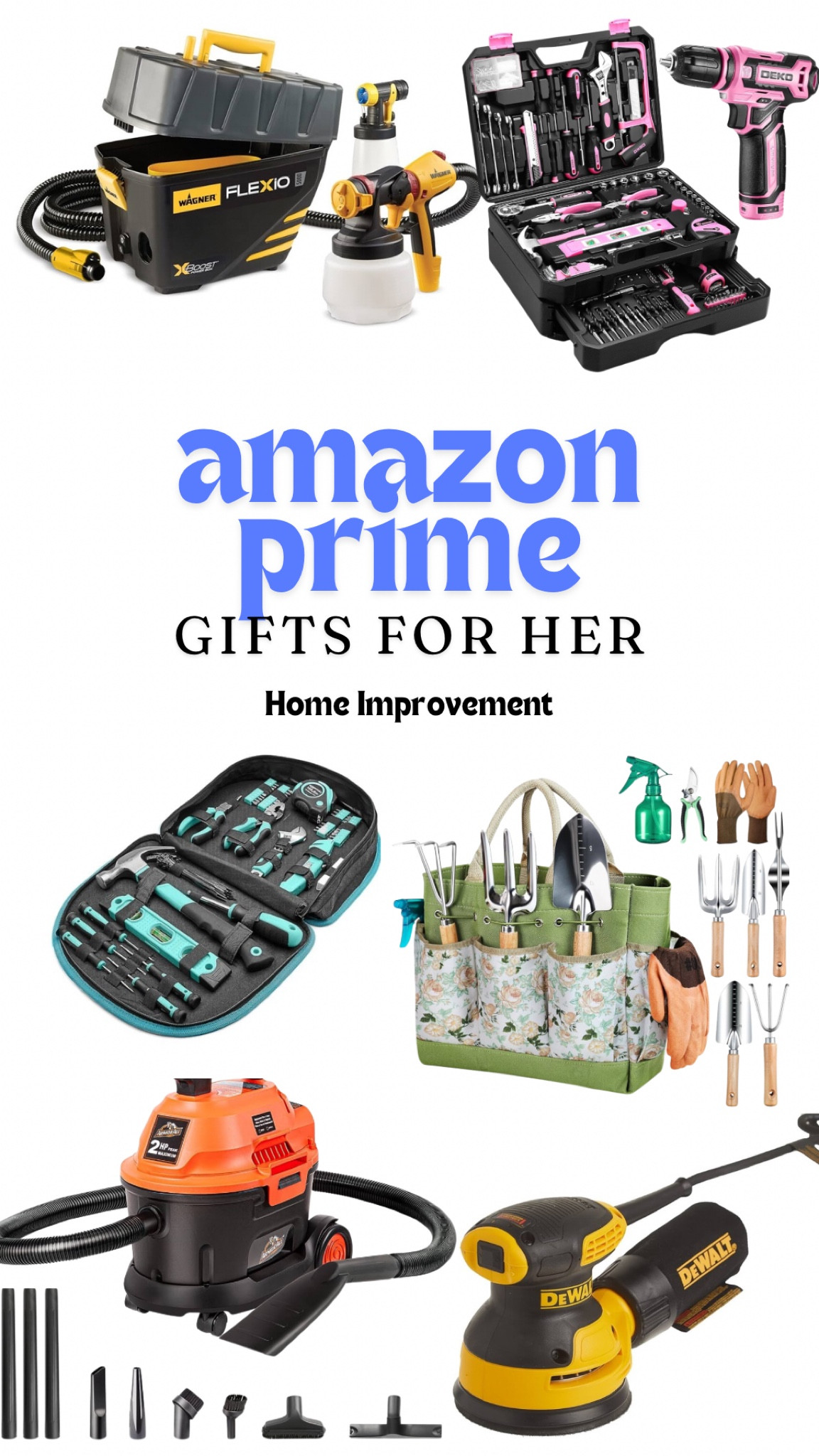 Discover Amazon Prime home improvement gifts for her! This collection features a Wagner paint sprayer, DEKO pink tool set, versatile hand tools, a gardening kit, wet/dry vacuum, and DeWalt orbital sander. Perfect for any woman looking to tackle DIY projects, gardening, and home repairs with style and efficiency.

#LTKxPrimeDay #LTKGiftGuide