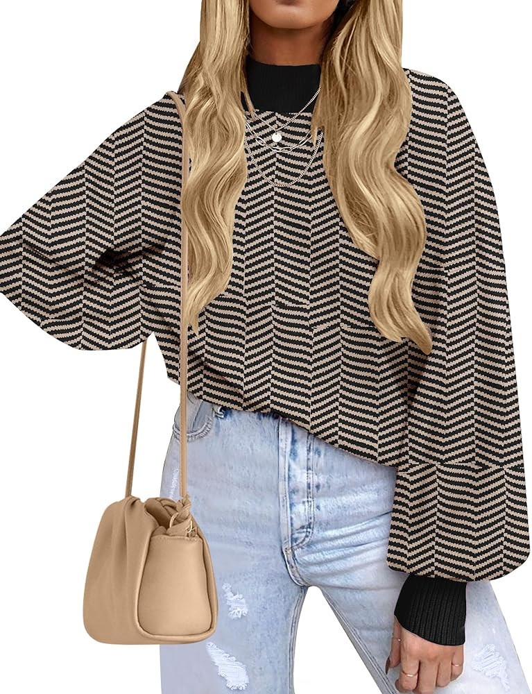ZESICA Women's 2023 Fall Fashion Turtleneck Long Sleeve Striped Ribbed Knit Loose Pullover Sweate... | Amazon (US)