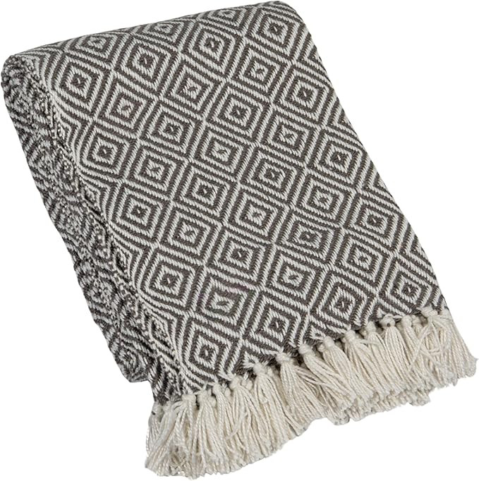 Creative Co-Op Hand-Woven Reclaimed Fabric Throw with Pattern and Fringe, Charcoal and Cream | Amazon (US)