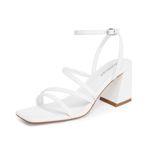 Modatope White Strappy Heels for Women - White Heeled Sandals with Square Toe Chunky Ankle Strap Heels Size 6 | Amazon (US)