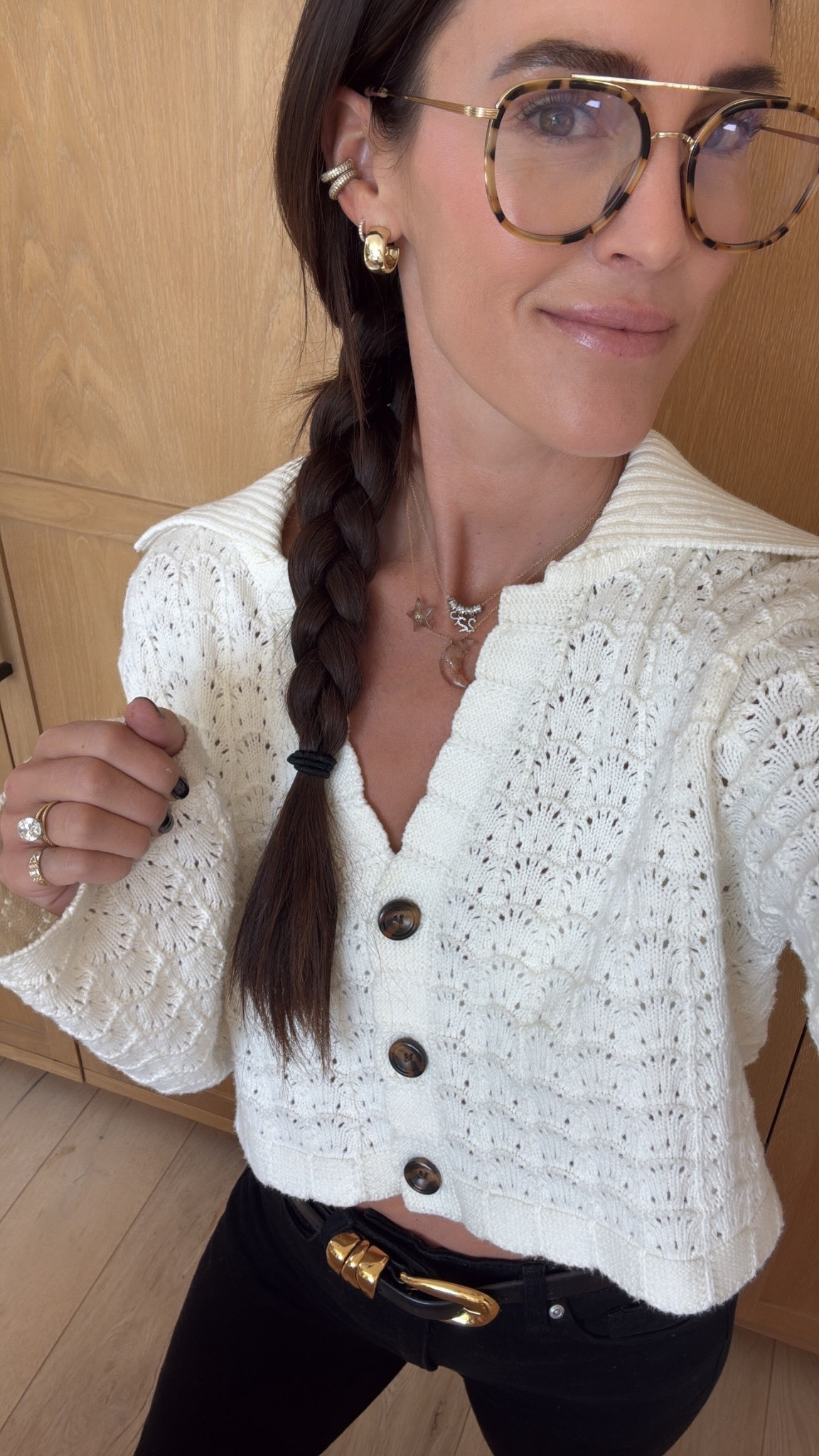 Today’s fall outfit 
+ gold earrings
+ blue light blocking glasses - milk tortoise 
+ crochet sweater (s)
+ belt (s) 
+ black jeans (tts) 

#LTKFindsUnder100 #LTKSeasonal