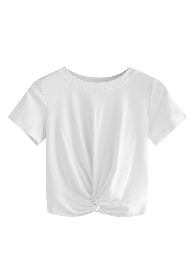 MakeMeChic Women's Summer Crop Top Solid Short Sleeve Tie Front T-Shirt | Amazon (US)