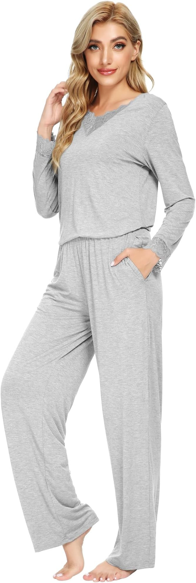 WiWi Bamboo Viscose Pajamas Sets for Women Lace Trim Long Sleeve Sleepwear Lounge Sets Plus Size ... | Amazon (US)