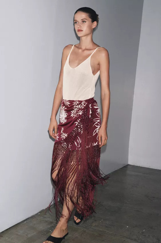 EMBROIDERED FRINGED WRAP SKIRT | Zara US
