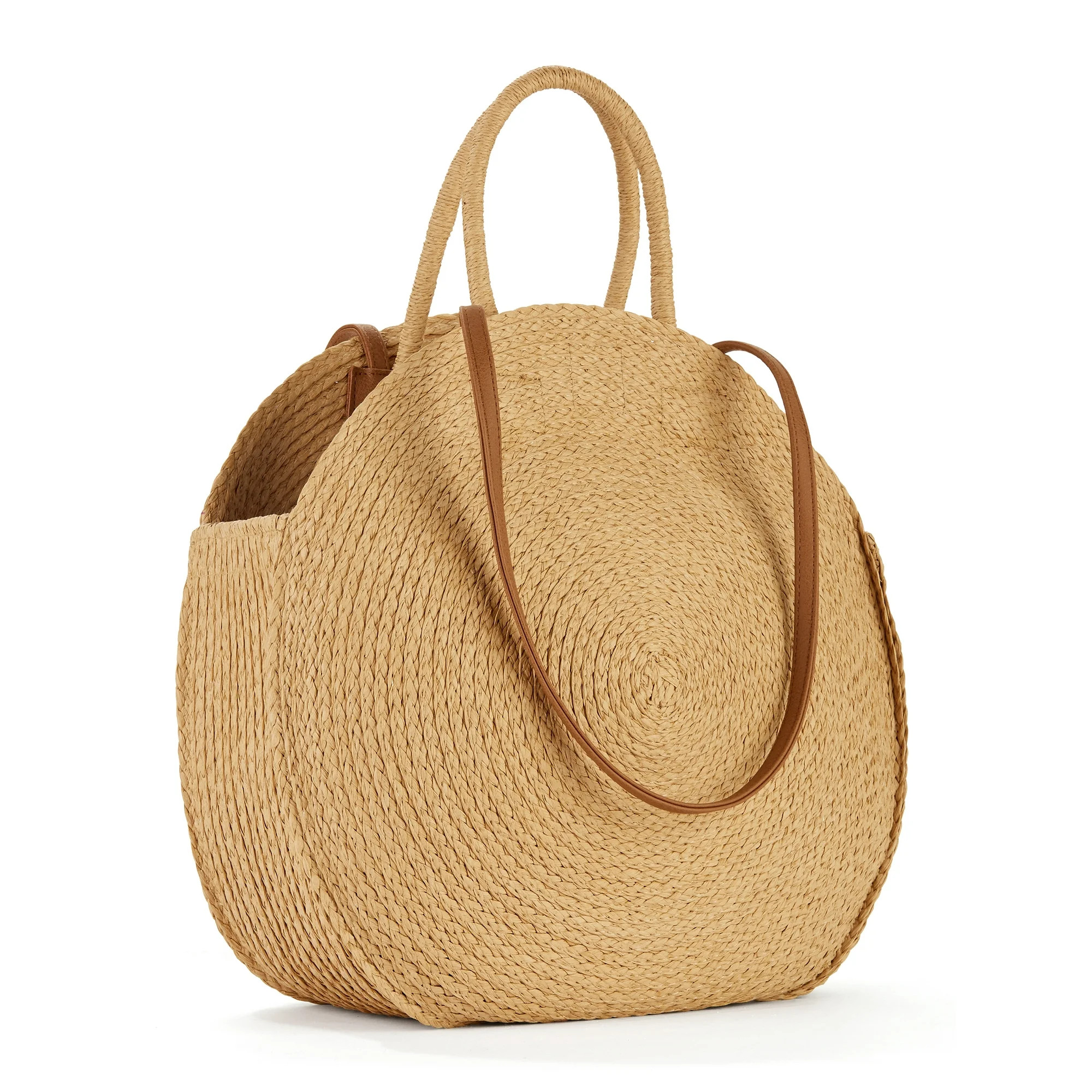 Time & Tru Striped Straw Circle Tote Bag with Inner Slip Pocket | Walmart (US)
