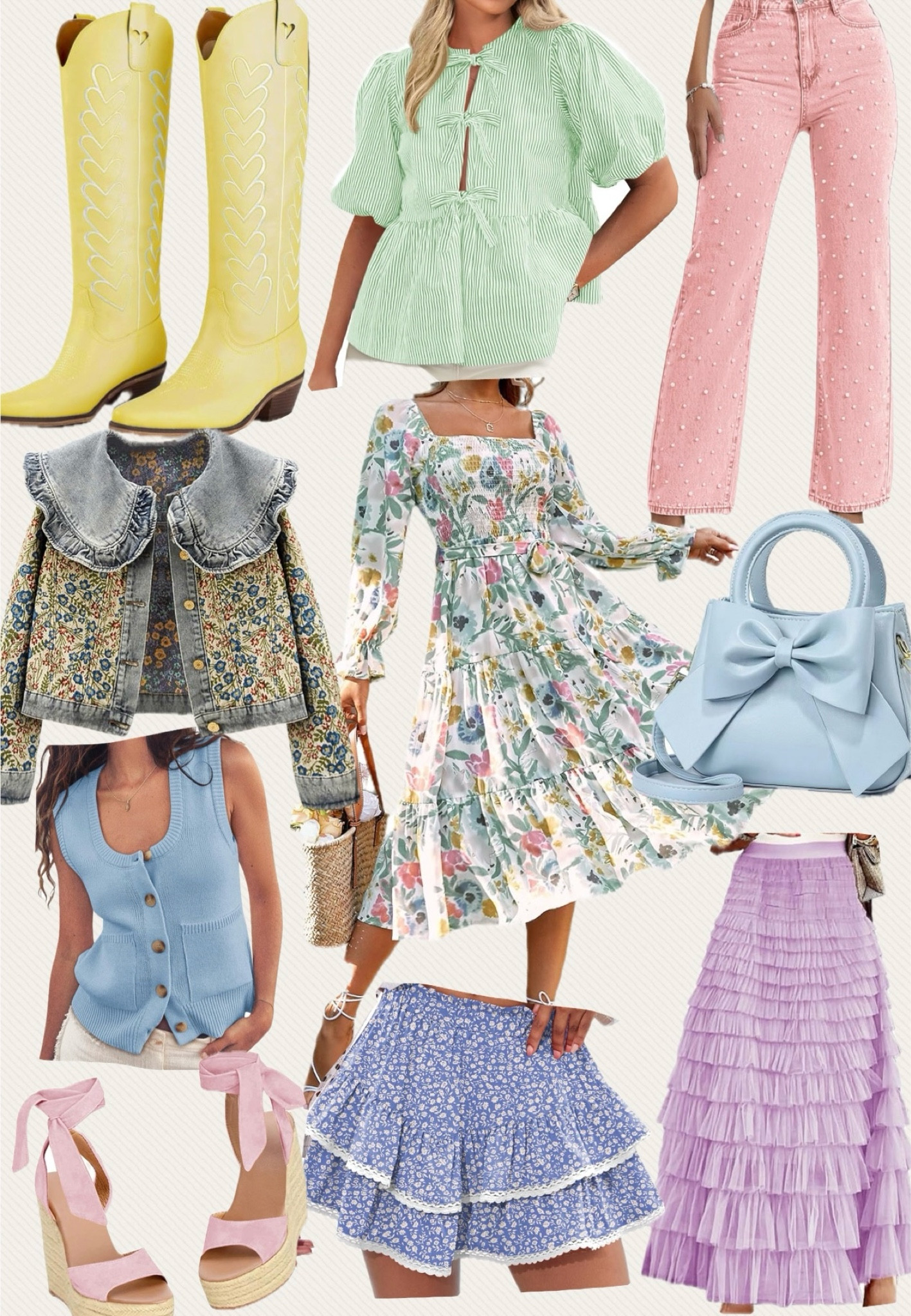 Spring finds on Amazon! Amazon spring fashion / floral dress / spring skirts / Pearl jeans / wedges / bow tops