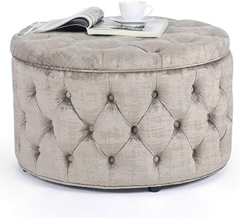 Homebeez Round Velvet Storage Ottoman, Button Tufted Footrest Stool Bench (Beige) | Amazon (US)