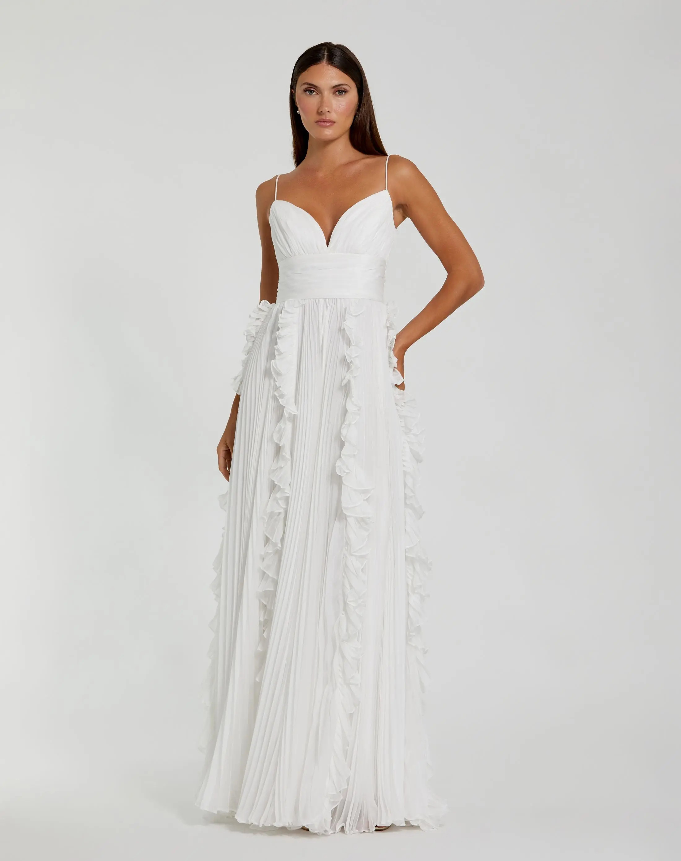 White Pleated Sleeveless Flowy Chiffon Gown | Mac Duggal | Mac Duggal