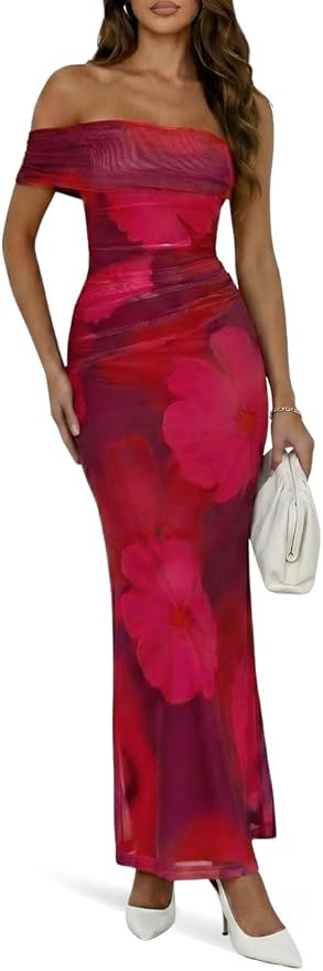 Wenrine Womens Off The Shoulder Dress Cocktail Summer Floral Maxi Mesh Casual Sleeveless Bodycon ... | Amazon (US)