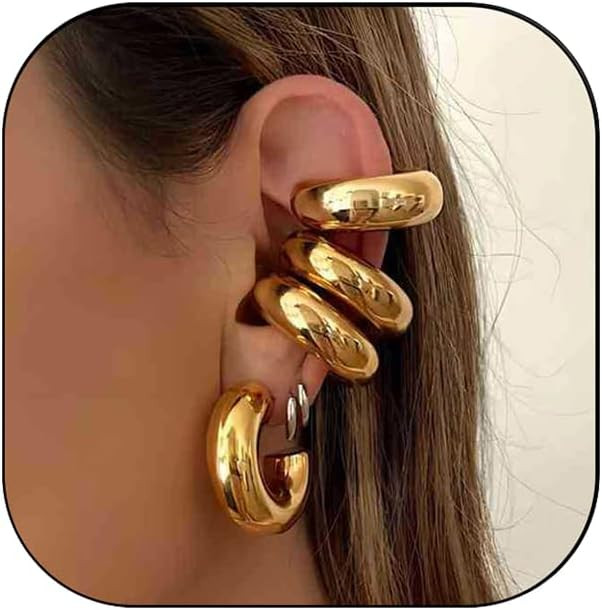 Gold Ear Cuffs for Women - Non-Piercing Chunky Earring Cuff, 18k Oversize Round Clip-on Earrings | Amazon (US)