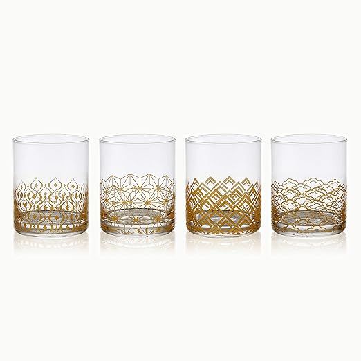 Mikasa Art Deco Set of 4 Double Old Fashioned Whiskey Glasses, 4 Count (Pack of 1), Gold | Amazon (US)