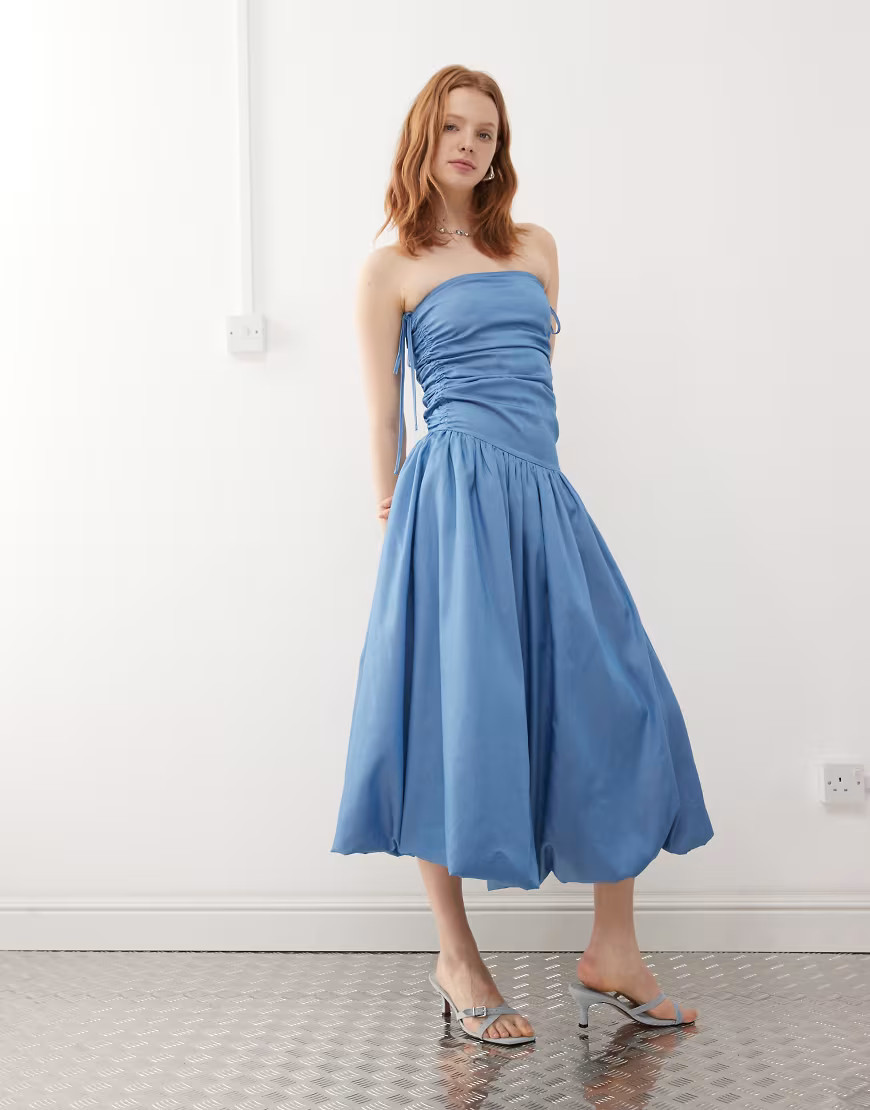 Amy Lynn Alexa tie shoulder puffball midi dress in blue chambray | ASOS (Global)
