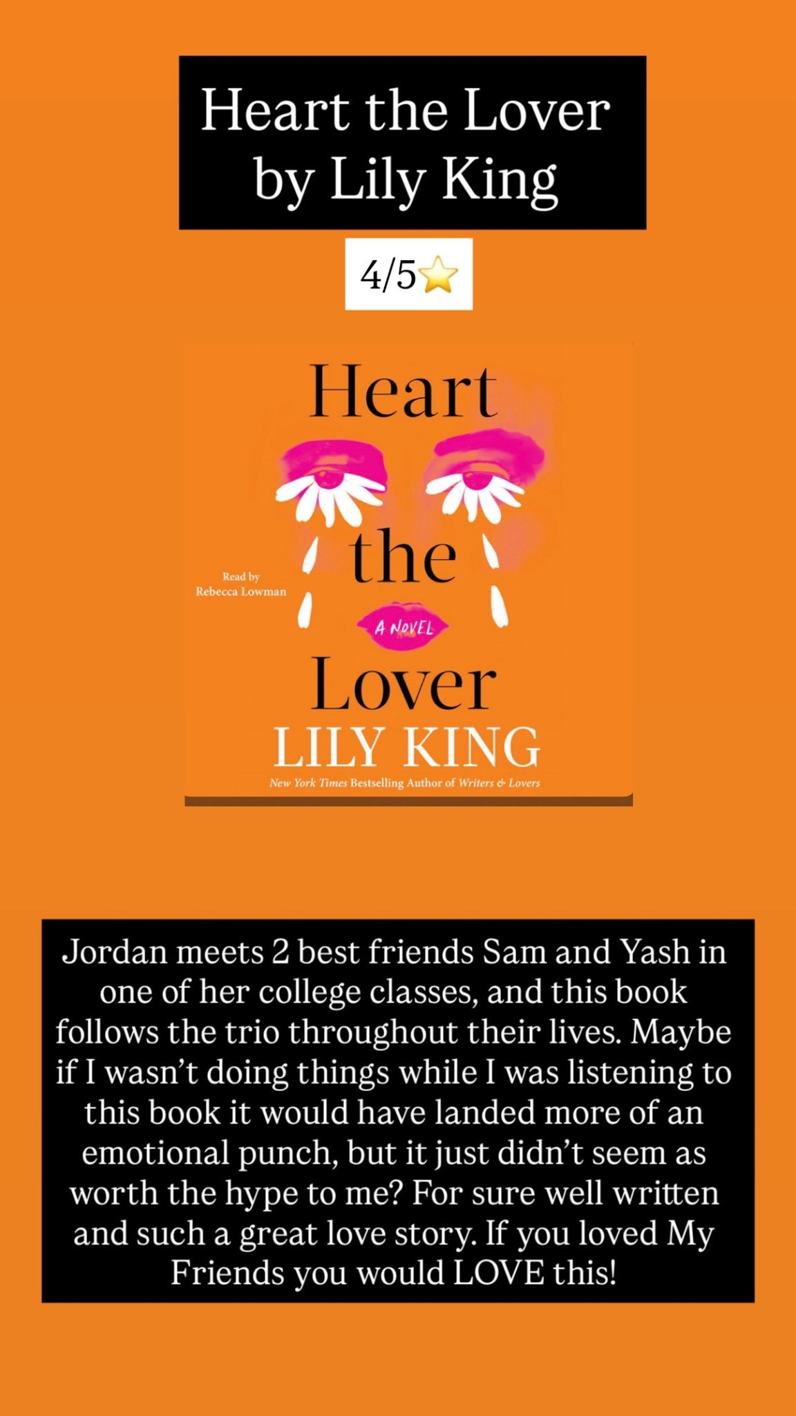 49. Heart the Lover by Lily King :: 4/5⭐️ Jordan meets 2 best friends Sam and Yash in one of her college classes, and this book follows the trio throughout their lives. Maybe if I wasn’t doing things while I was listening to this book it would have landed more of an emotional punch, but it just didn’t seem as worth the hype to me? For sure well written and such a great love story. If you loved My Friends you would LOVE this!

#LTKstorytime #LTKdayinmylife #LTKTravel