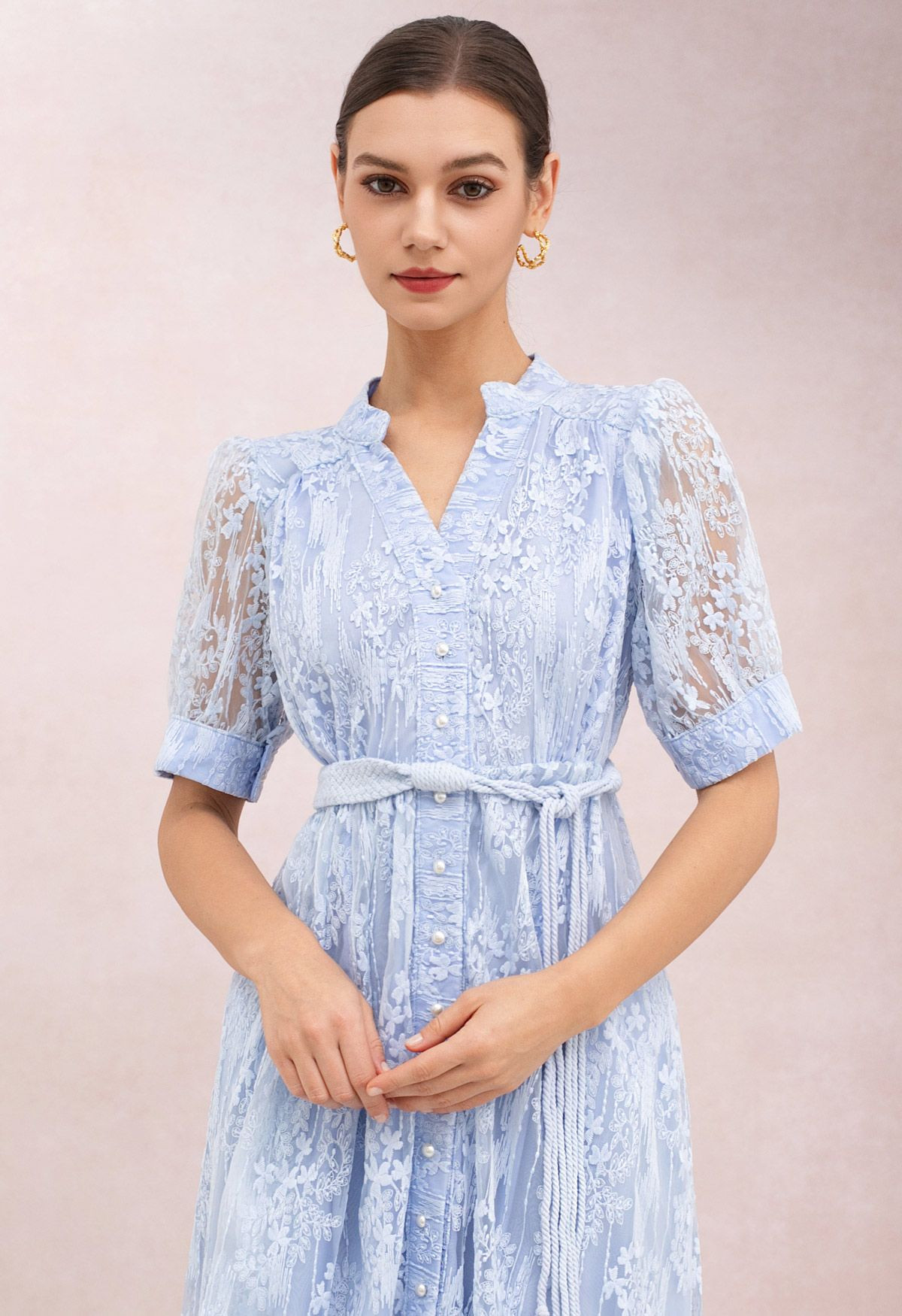 Floral Embroidery Mesh Overlay Belt Buttoned Midi Dress in Baby Blue for Afternoon Tea & Art Gall... | Chicwish