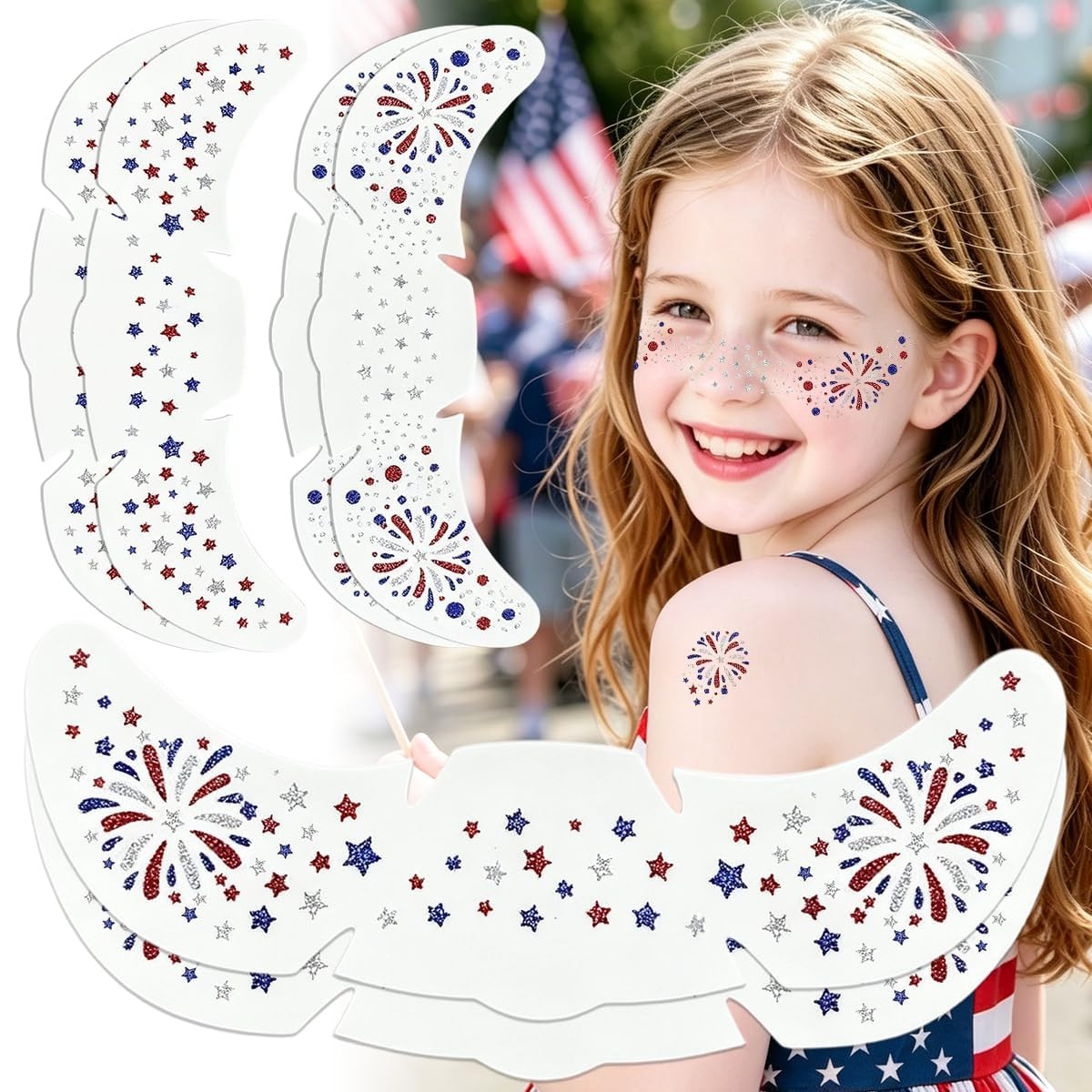 Waterproof 4th of July Temporary Tattoos, Red-White-Blue Patriotic Glitter Freckles Sparkle Face ... | Amazon (US)