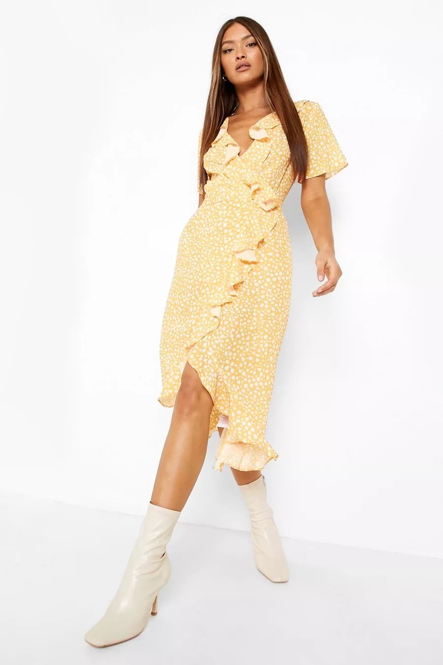 Dalmation Print Ruffle Midi Tea Dress | Boohoo.com (US & CA)