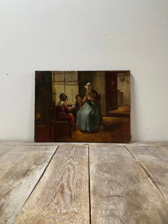 Antique Dutch portrait farmers wife children oil painting Netherlands 1900s dark moody interior t... | Etsy (US)