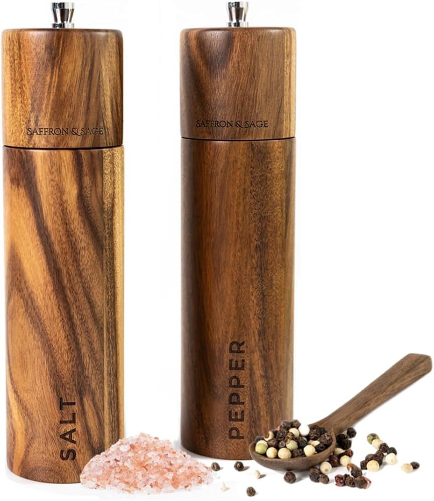 Saffron & Sage Premium Acacia Wood Salt and Pepper Grinder Set of 2-8” Tall Salt and Peppercorn... | Amazon (US)