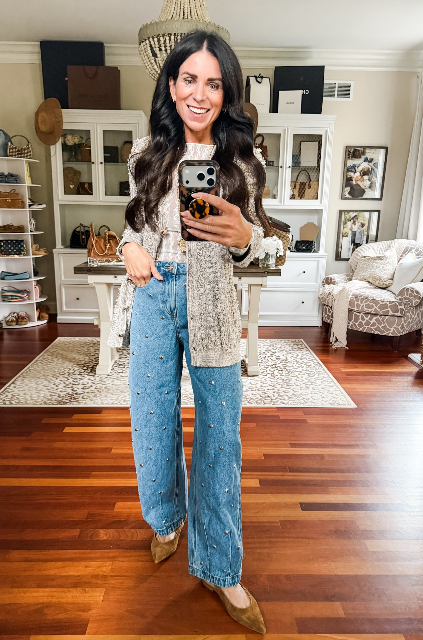 0 jeans
Small top and cardigan 
Fall outfits, studded denim 

#LTKFindsUnder50 #LTKSaleAlert #LTKStyleTip