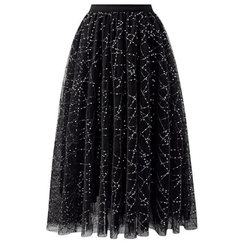 CHICWISH Sequin Midi Skirt for Women Embroidery Sparkle Tulle Skirt Fairy Mesh Layered High Elastic Waist Black Skirts | Amazon (US)
