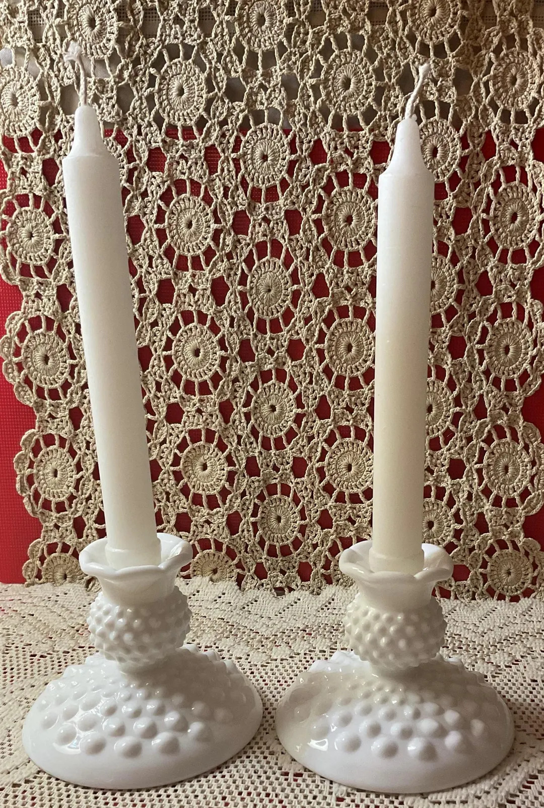 Vintage Fenton White Milk Glass Hobnail Design Pair of Candleholders - Etsy | Etsy (US)