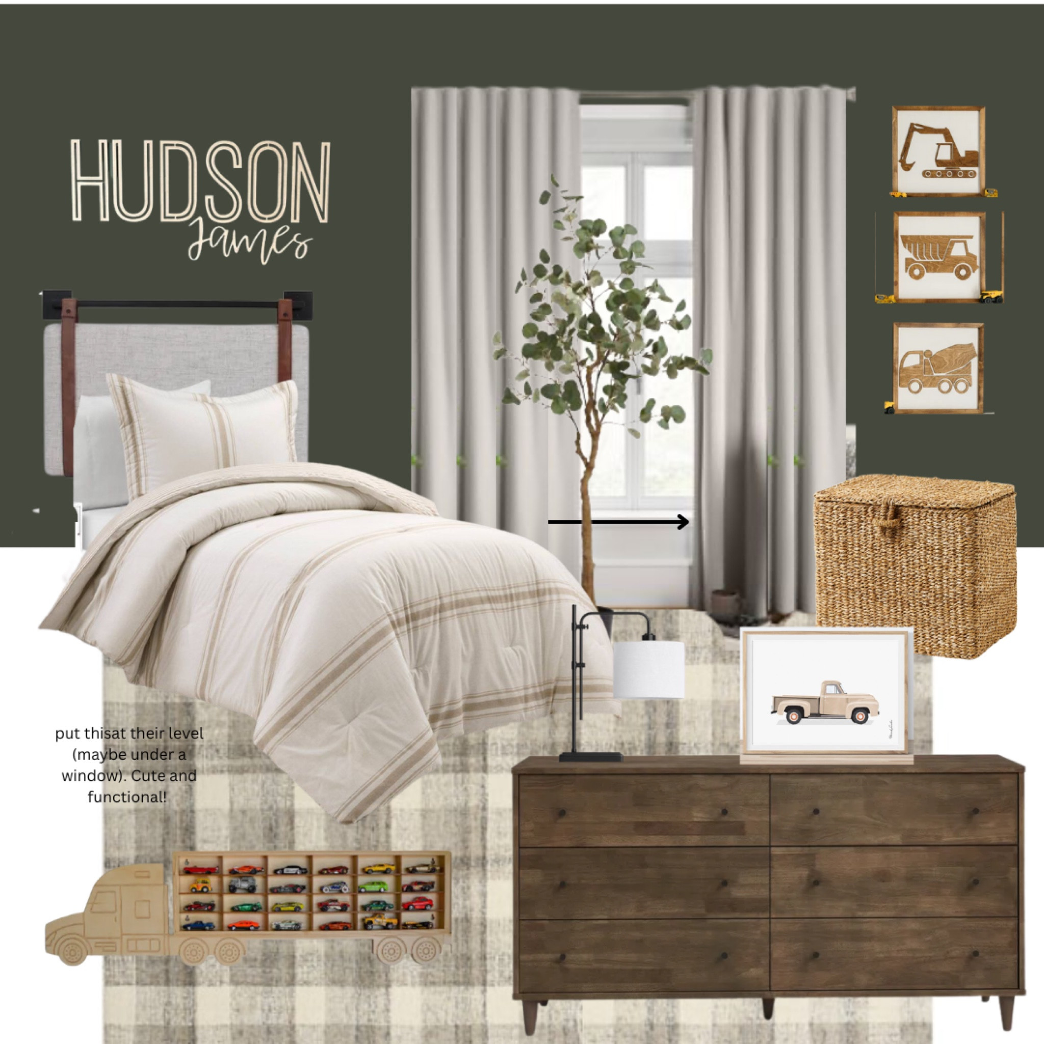 Toddler boys room design with truck themed accents. Wall color is ripe olive by Sherwin Williams  

#LTKunder100 #LTKhome #LTKunder50
