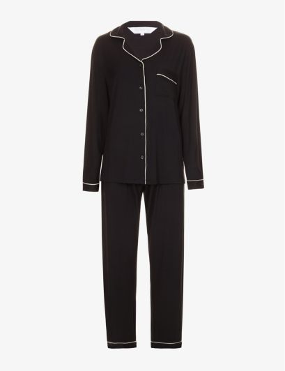 Womens Jet Black/oat Piping Rayon Piped Stretch-jersey Pyjama set L | Selfridges