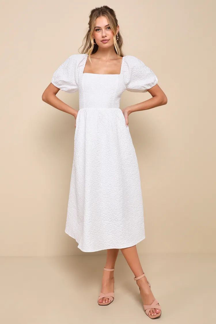 Darling Position White Textured Jacquard Lace-Up Midi Dress | Lulus