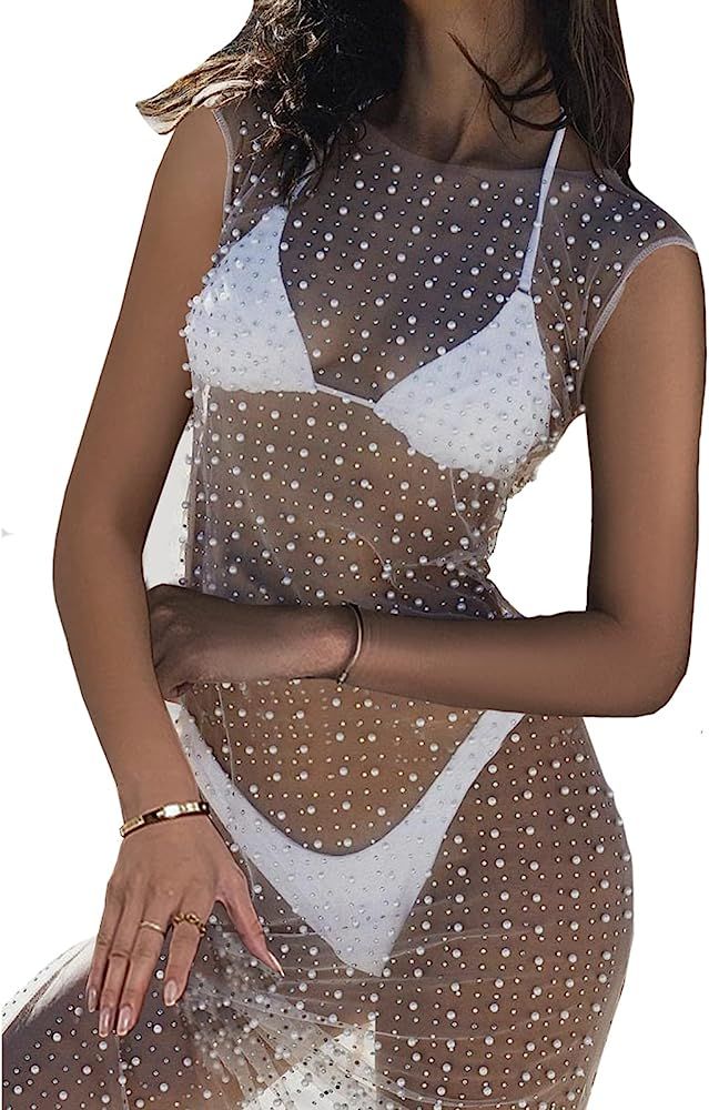 Honganda Women's Sexy Sleeveless Swimsuit Cover Up Sheer Mesh Pearl Rhinestone Beach Maxi Dress B... | Amazon (US)