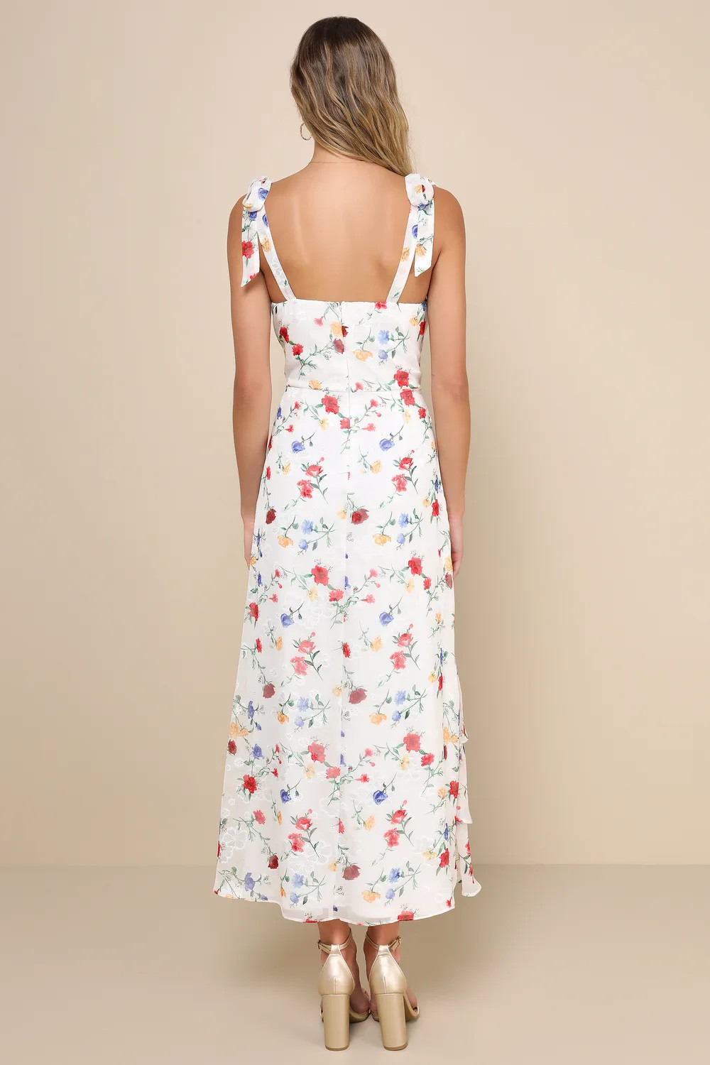 So Elevated Ivory Floral Jacquard Tie-Strap High-Low Midi Dress | Lulus