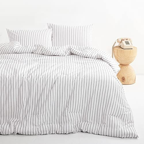 Amazon.com: Wake In Cloud - White Striped Comforter Set, 100% Washed Cotton Fabric with Soft Micr... | Amazon (US)